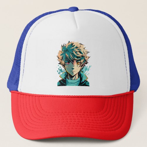 Anime Boy Gold Hair Pink and Gold Eyes Trucker Hat