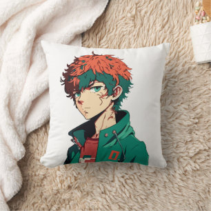 Anime Boy: Orange and Green Hair - Manga Delight Throw Pillow