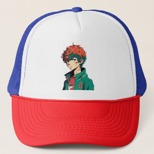 Anime Boy Orange and Green Hair _ Manga Delight Trucker Hat