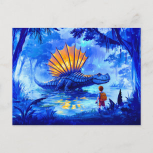 Anime boy photographing swamp dinosaur holiday postcard