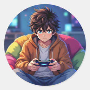 Anime Boy playing Video Game  Classic Round Sticker