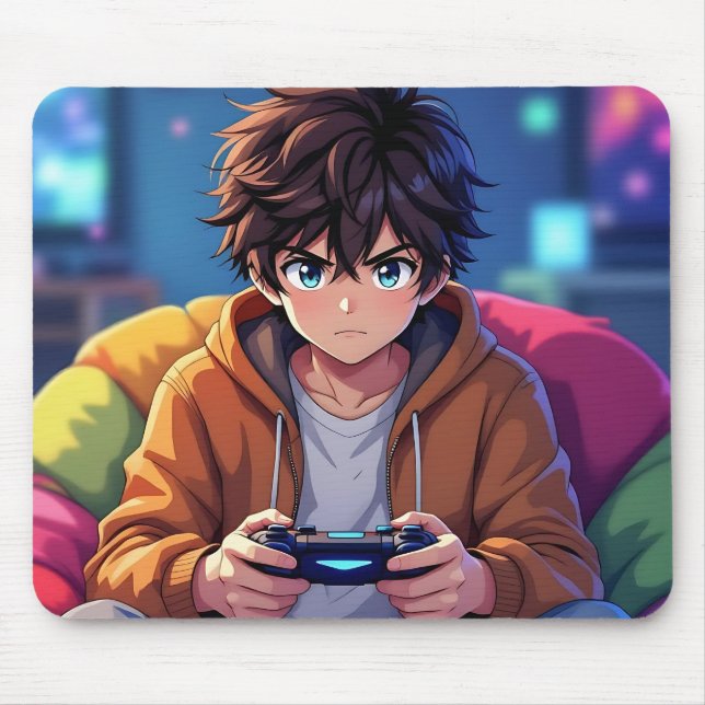 Anime Boy playing Video Game  Mouse Pad (Front)