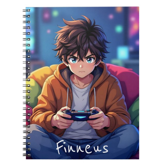 Anime Boy playing Video Game Personalized Notebook (Front)