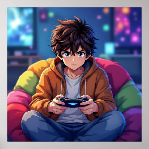 Anime Boy playing Video Game Poster