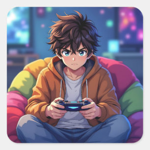 Anime Boy playing Video Game  Square Sticker
