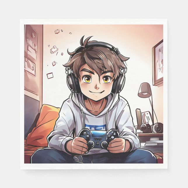 Anime Boy Playing Video Games Birthday Party Napkins (Front)