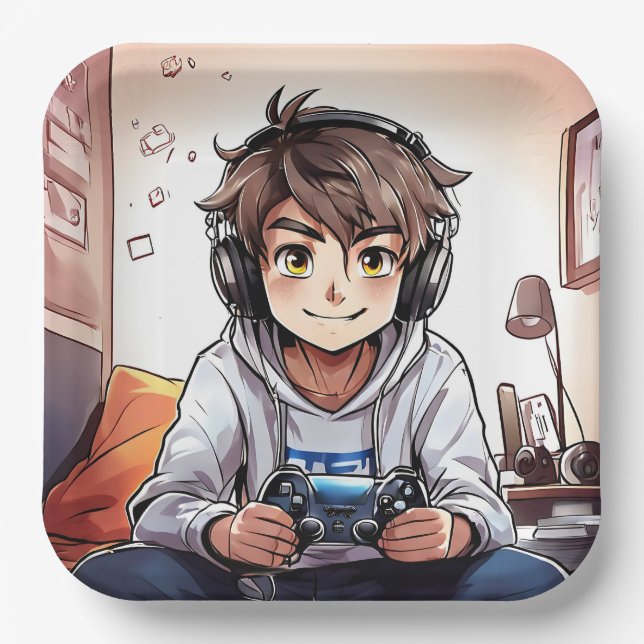 Anime Boy Playing Video Games Birthday Party Paper Plates (Front)