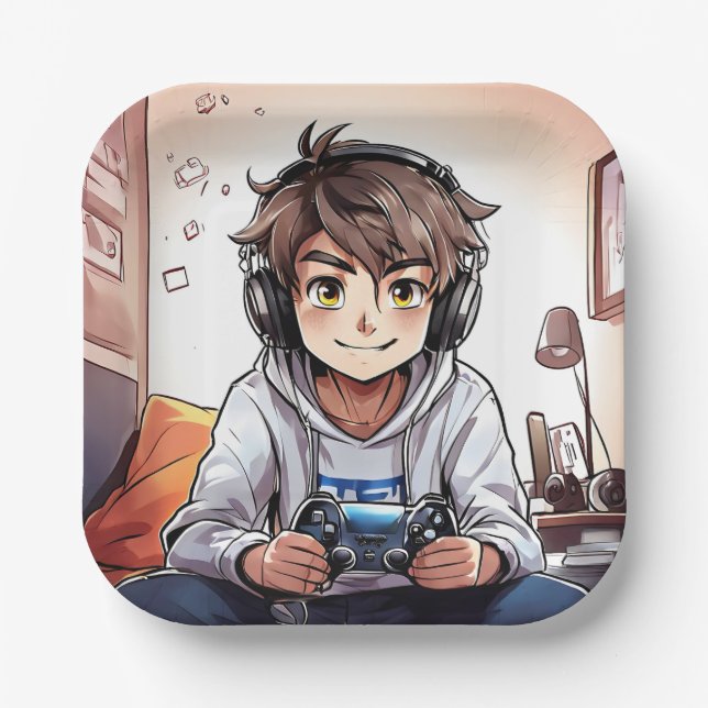 Anime Boy Playing Video Games Birthday Party Paper Plates (Front)