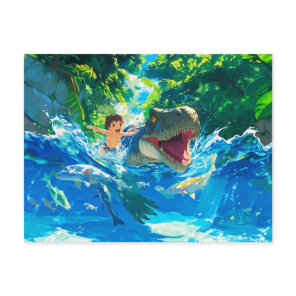 Anime boy swimming with dinosaur in sea holiday postcard