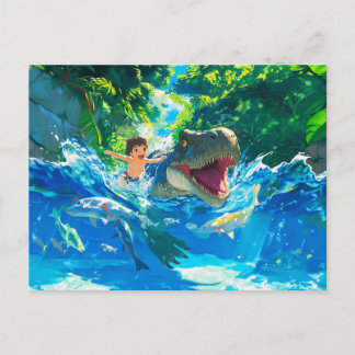 Anime boy swimming with dinosaur in sea holiday postcard