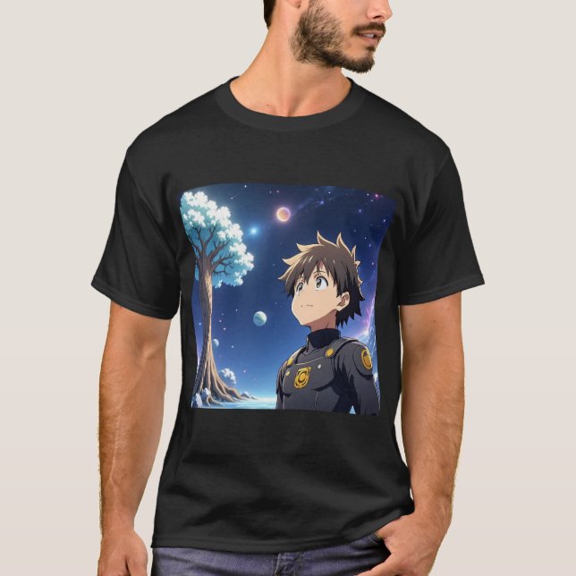 Anime Boy Under Starry Sky with Planets – Fantasy  T-Shirt (Front)