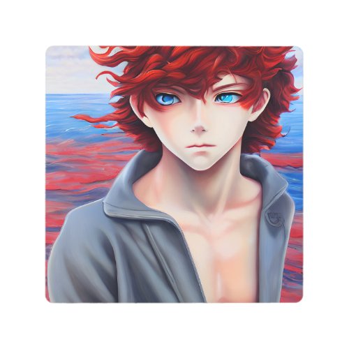 Anime Boy with Red Curly Hair Oil Painting Metal Print