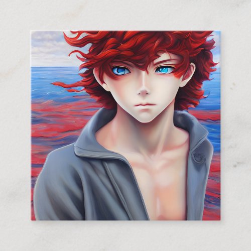 Anime Boy with Red Curly Hair Oil Painting Square Business Card