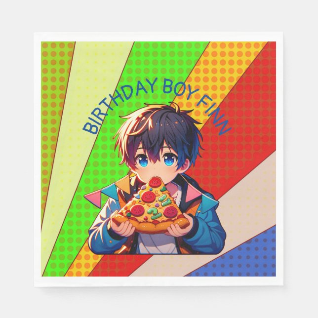 Anime Boy's Pizza Party Personalized Napkins (Front)