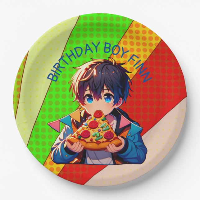 Anime Boy's Pizza Party Personalized Paper Plates (Front)