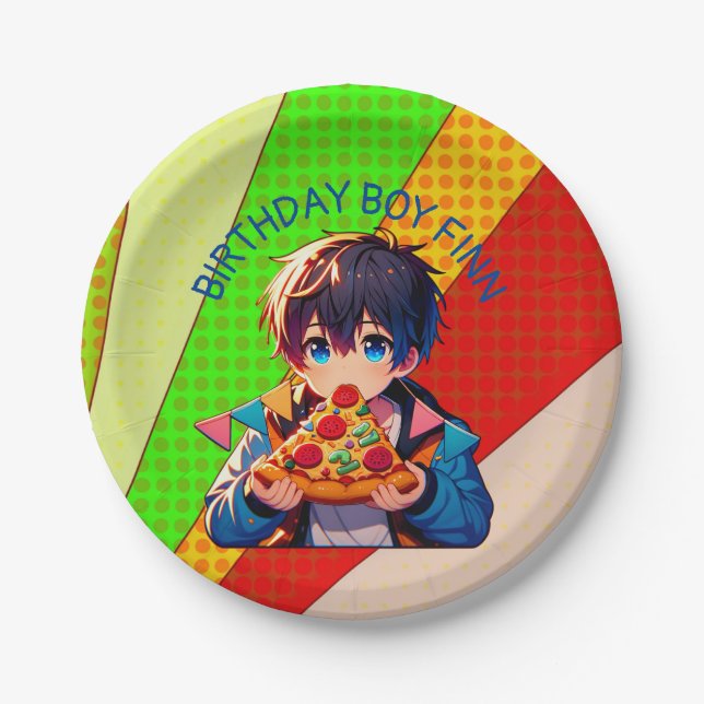 Anime Boy's Pizza Party Personalized Paper Plates (Front)