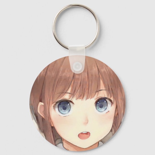 Anime brown-haired girl with blue eyes surprised  keychain (Front)