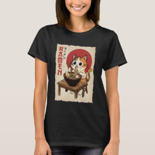 Anime Calico Cat Eating Noodles Funny Kawaii T-Shirt