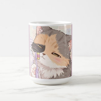 Anime calico cat with toothbrush coffee mug