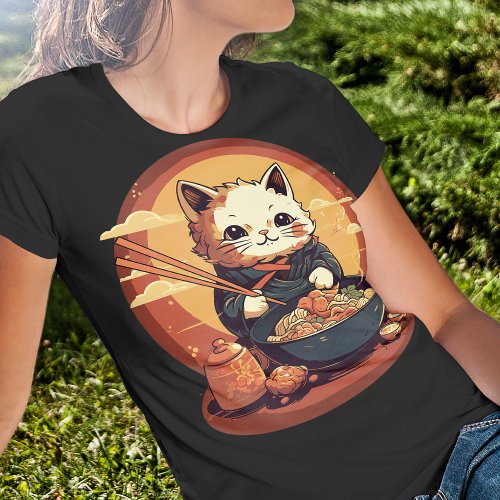 Anime Cat Eating Ramen Cute Japanese Style T_Shirt