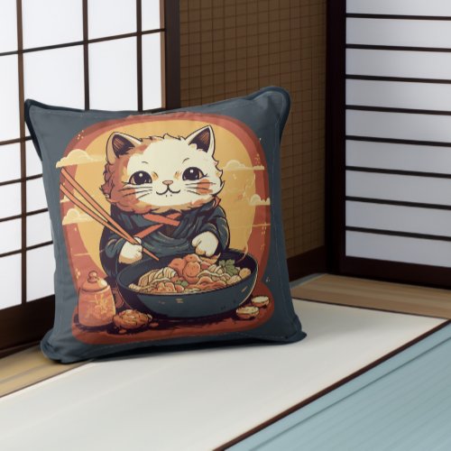 Anime Cat Eating Ramen Cute Japanese Style Throw Pillow