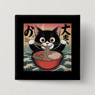 Anime Cat Eating Ramen Funny Japanese Retro Style Button
