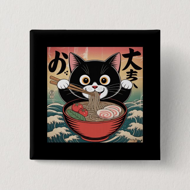 Anime Cat Eating Ramen Funny Japanese Retro Style Button (Front)