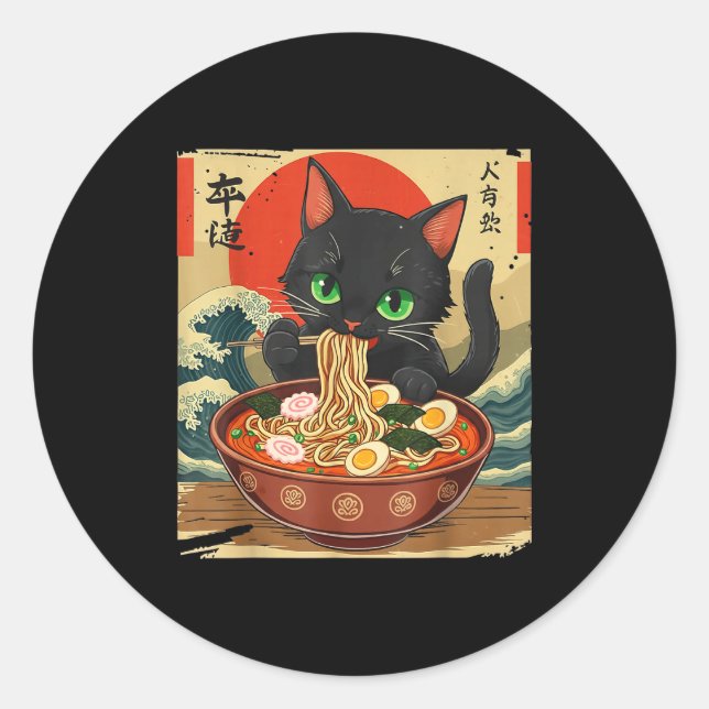 Anime Cat Eating Ramen Japanese Art Graphic Cat Cu Classic Round Sticker (Front)