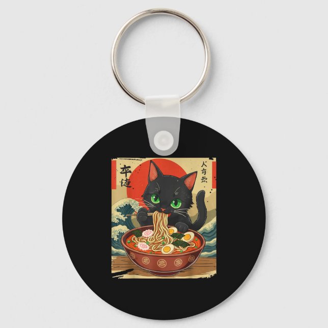 Anime Cat Eating Ramen Japanese Art Graphic Cat Cu Keychain (Front)