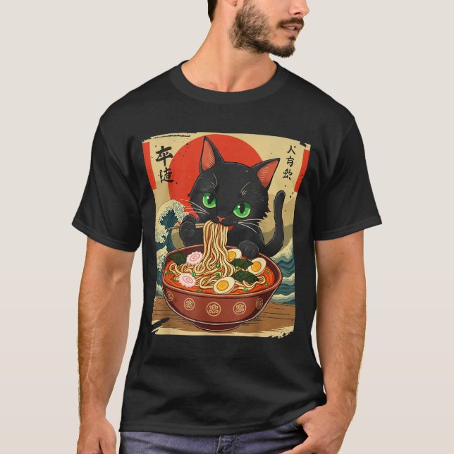 Anime Cat Eating Ramen Japanese Art Graphic Cat Cu T-Shirt (Front)