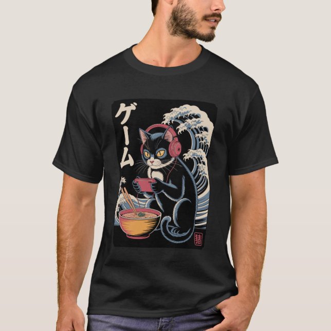 Anime Cat Eating Ramen Japanese Wave Kawaii Neko K T-Shirt (Front)
