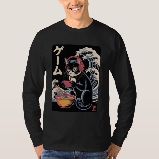 Anime Cat Eating Ramen Japanese Wave Kawaii Neko K T-Shirt (Front)