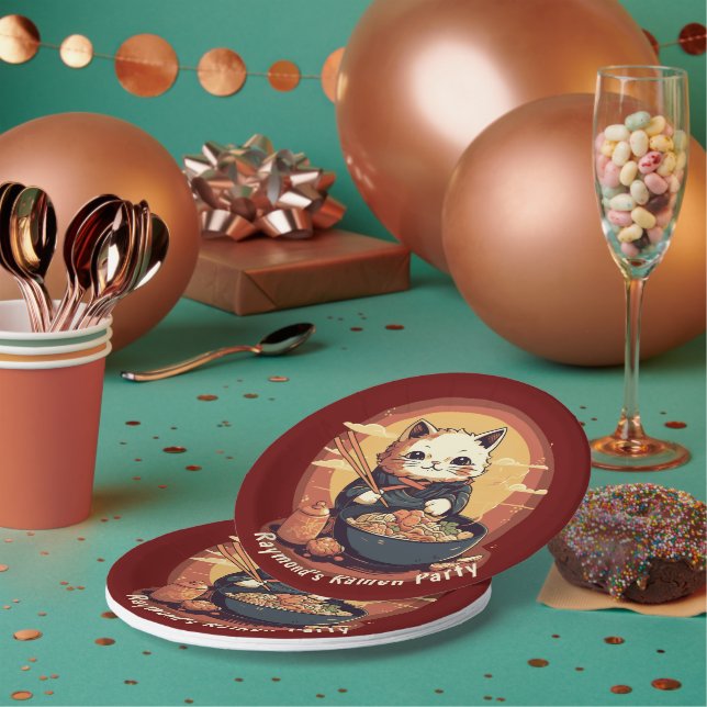 Anime Cat Eating Ramen Noodles Birthday Party Paper Plates (Multi)