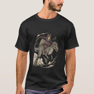 Anime Cat Funny Samurai Cat Riding Dinosaur Spinos T-Shirt