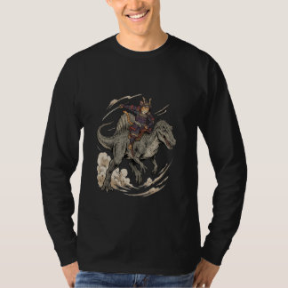 Anime Cat Funny Samurai Cat Riding Dinosaur Spinos T-Shirt