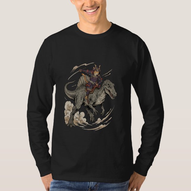 Anime Cat Funny Samurai Cat Riding Dinosaur Spinos T-Shirt (Front)