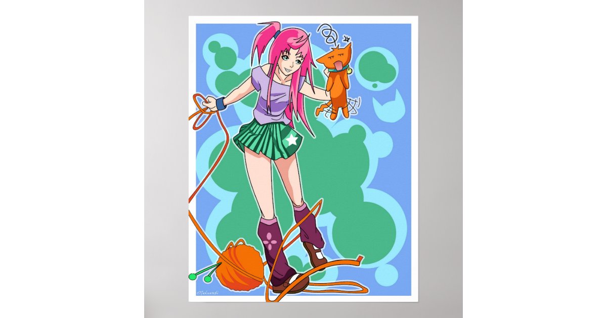 Anime Cat Girl Cat With Yarn Ball Poster Zazzle Com