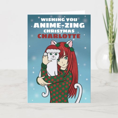 Anime Cat Girl Christmas Holiday Card