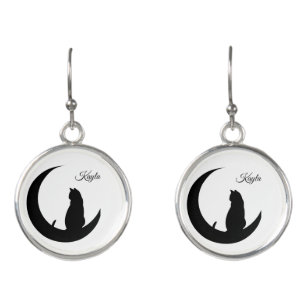 Anime Cat on the Crescent Moon Drop Earrings