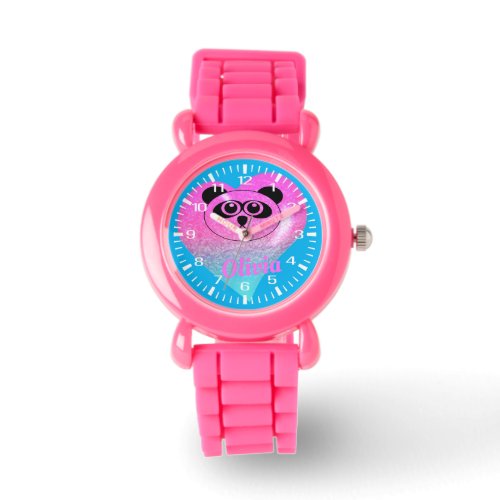 Anime Cat Panda Head Heart Pink Glitter Bracelet Watch