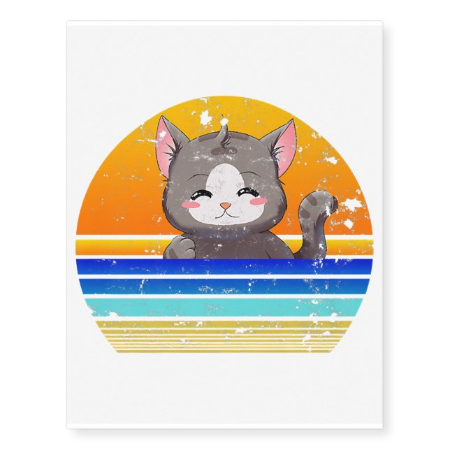 Anime Cat Sunset Retro 80s Style Premium Temporary Tattoos (Front)