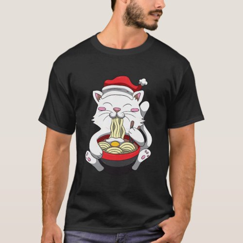 Anime Cat With Santa Hat Cute Kitten Ramen Christm T_Shirt