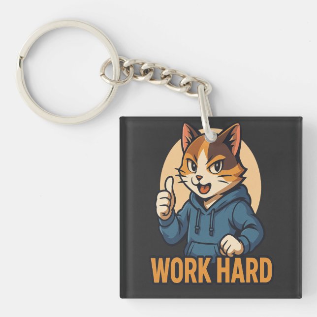 Anime Cat - WORK HARD Motivational Japanese style Keychain (Front)