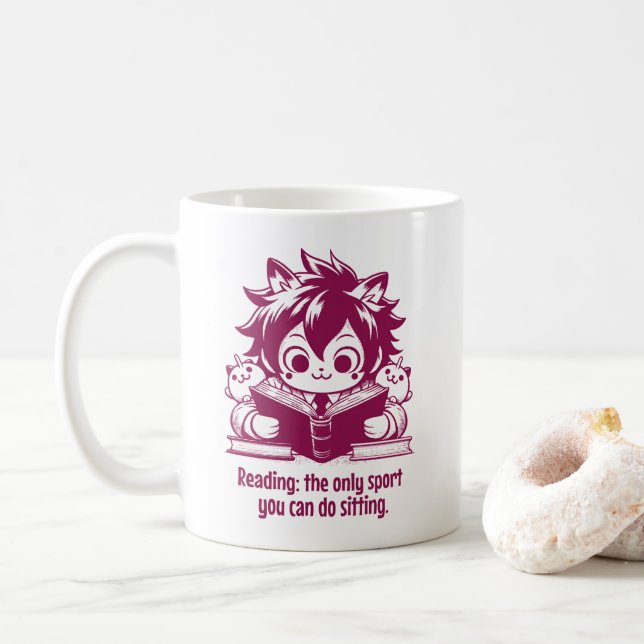 Anime Catboy reading a book & funny bookish quote Coffee Mug (With Donut)