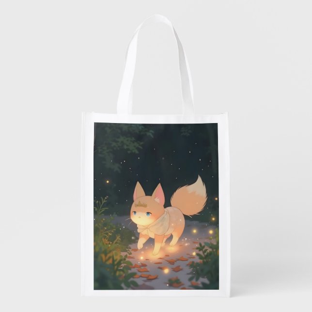 Anime Celestial Fox in a Starlit Forest Grocery Bag (Front)