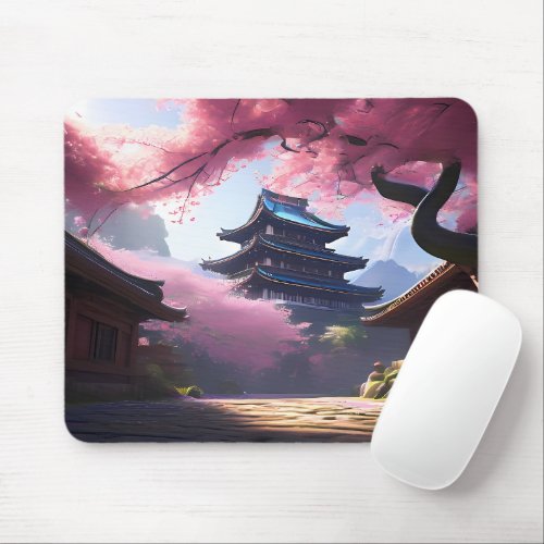 Anime Cherry Blossom  Pagoda View Landscape Mouse Pad
