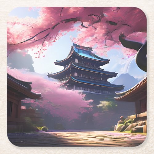 Anime Cherry Blossom  Tranquil Pagoda Landscape Square Paper Coaster