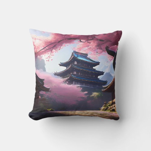Anime Cherry Blossom  Tranquil Pagoda Landscape Throw Pillow