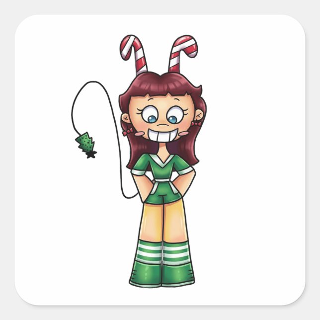 Anime Chibi Candy Cane Girl Christmas Character Square Sticker (Front)