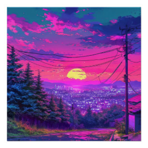 Anime City Mountain Landscape Neon Sunset Poster